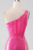 Load image into Gallery viewer, Mermaid One Shoulder Fuchsia Sequin Corset Long Prom Dress with Slit
