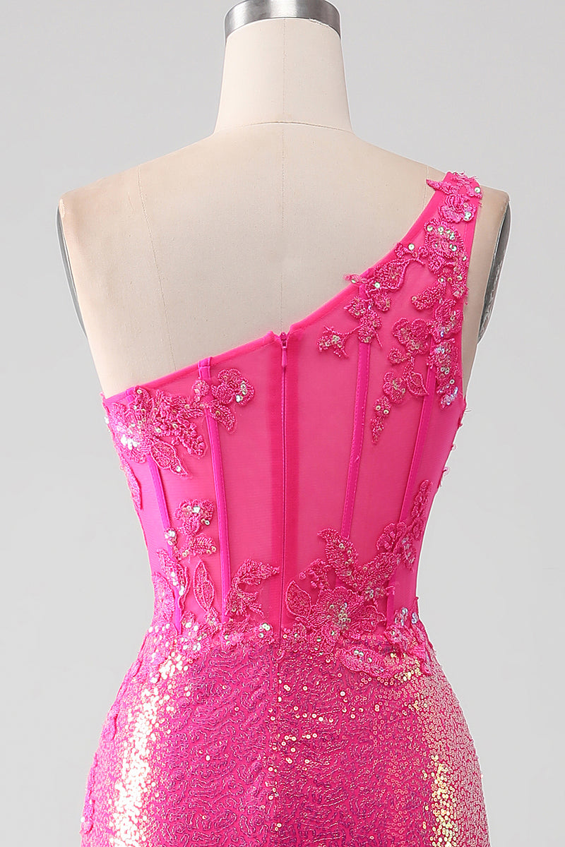 Load image into Gallery viewer, Mermaid One Shoulder Fuchsia Sequin Corset Long Prom Dress with Slit