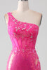 Load image into Gallery viewer, Mermaid One Shoulder Fuchsia Sequin Corset Long Prom Dress with Slit