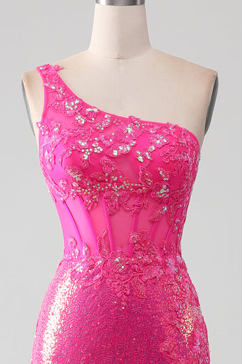 Mermaid One Shoulder Fuchsia Sequin Corset Long Prom Dress with Slit