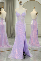 Load image into Gallery viewer, Light Purple Mermaid Spaghetti Straps Corset Long Sequin Prom Dress with Slit