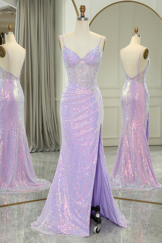 Light Purple Mermaid Spaghetti Straps Corset Long Sequin Prom Dress with Slit