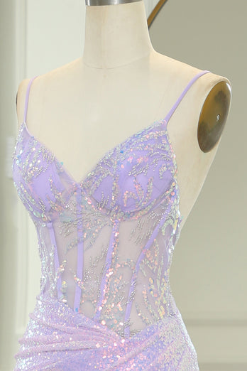 Light Purple Mermaid Spaghetti Straps Corset Long Sequin Prom Dress with Slit