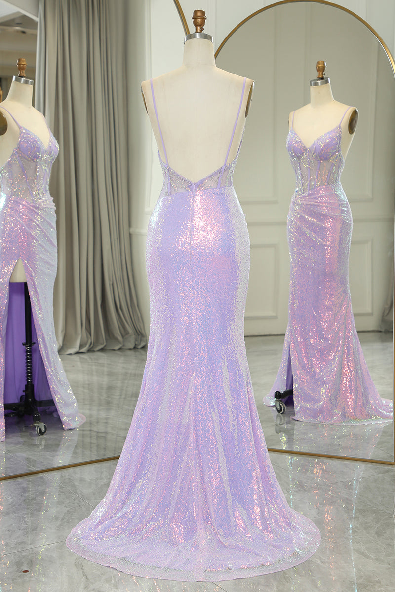 Load image into Gallery viewer, Light Purple Mermaid Spaghetti Straps Corset Long Sequin Prom Dress with Slit