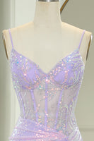 Load image into Gallery viewer, Light Purple Mermaid Spaghetti Straps Corset Long Sequin Prom Dress with Slit