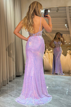 Light Purple Spaghetti Straps Mermaid Corset Long Sequin Prom Dress with Slit