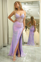 Load image into Gallery viewer, Sparkly Mermaid  Purple Backless Long Corset Prom Dress With Slit