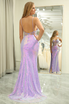 Sparkly Mermaid  Purple Backless Long Corset Prom Dress With Slit
