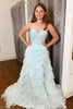 Load image into Gallery viewer, Light Blue A-line Spaghetti Straps Tulle Tiered Corset Prom Dress with Slit