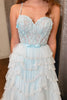 Load image into Gallery viewer, Light Blue A-line Spaghetti Straps Tulle Tiered Corset Prom Dress with Slit