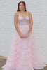 Load image into Gallery viewer, White A-line Spaghetti Straps Tulle Tiered Corset Prom Dress with Slit