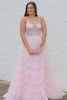 Load image into Gallery viewer, Light Blue A-line Spaghetti Straps Tulle Tiered Corset Prom Dress with Slit