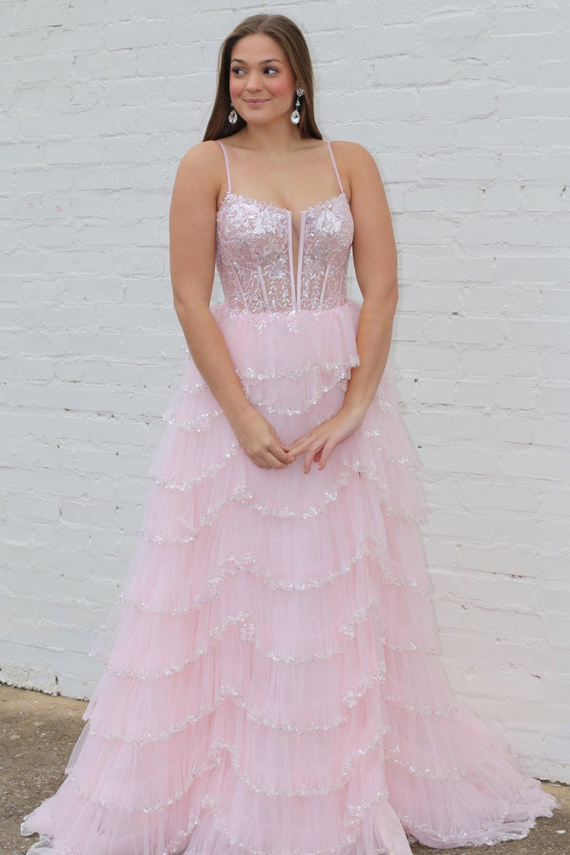 Load image into Gallery viewer, Light Blue A-line Spaghetti Straps Tulle Tiered Corset Prom Dress with Slit