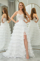 Load image into Gallery viewer, Pink A-line Spaghetti Straps Tulle Tiered Corset Prom Dress with Slit