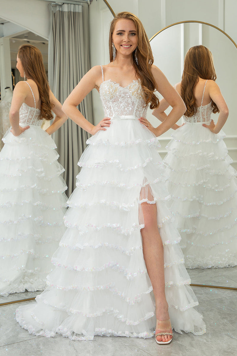 Load image into Gallery viewer, Light Blue A-line Spaghetti Straps Tulle Tiered Corset Prom Dress with Slit