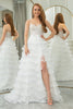 Load image into Gallery viewer, White A-line Spaghetti Straps Tulle Tiered Corset Prom Dress with Slit