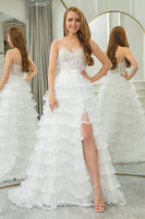 Load image into Gallery viewer, Light Blue A-line Spaghetti Straps Tulle Tiered Corset Prom Dress with Slit