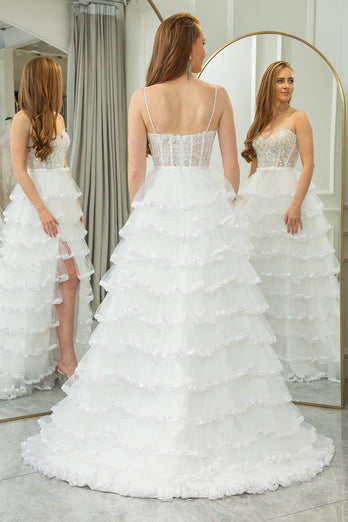 Light Blue A-line Spaghetti Straps Tulle Tiered Corset Prom Dress with Slit