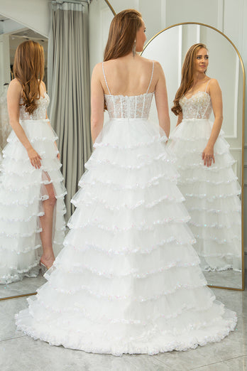 White A-line Spaghetti Straps Tulle Tiered Corset Prom Dress with Slit