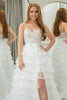 Load image into Gallery viewer, Light Blue A-line Spaghetti Straps Tulle Tiered Corset Prom Dress with Slit