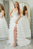 Load image into Gallery viewer, White A-line Spaghetti Straps Tulle Tiered Corset Prom Dress with Slit