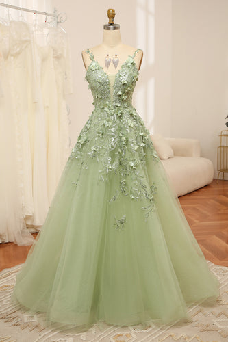 Green Spaghetti Straps A-Line Tulle Prom Dress With Appliques