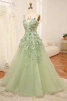 Load image into Gallery viewer, Green Spaghetti Straps A-Line Tulle Prom Dress With Appliques