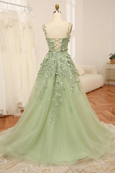 Green Spaghetti Straps A-Line Tulle Prom Dress With Appliques