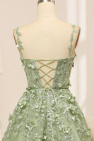 Load image into Gallery viewer, Green Spaghetti Straps A-Line Tulle Prom Dress With Appliques