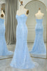 Load image into Gallery viewer, Light Blue Mermaid Spaghetti Straps Corset Long Prom Dress with Sequins