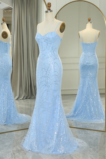 Light Blue Mermaid Spaghetti Straps Corset Long Prom Dress with Sequins