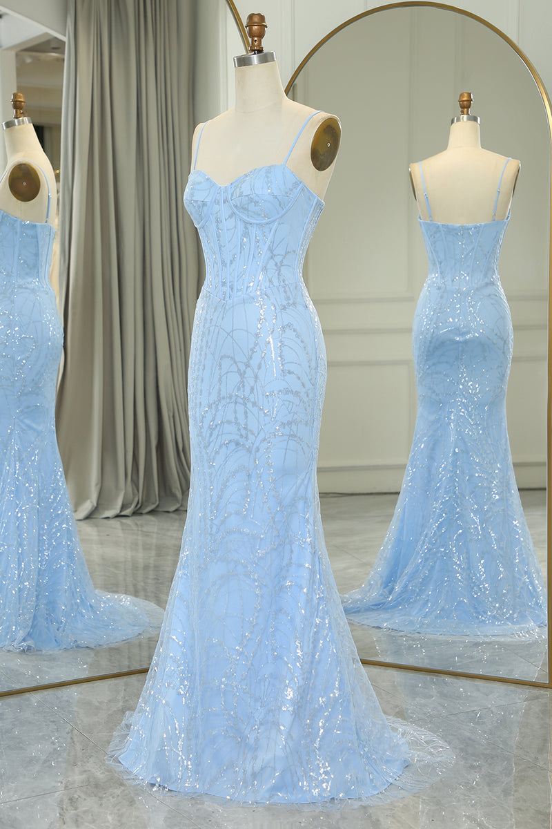 Load image into Gallery viewer, Light Blue Mermaid Spaghetti Straps Corset Long Prom Dress with Sequins