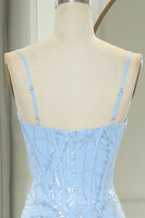 Load image into Gallery viewer, Light Blue Mermaid Spaghetti Straps Corset Long Prom Dress with Sequins