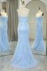 Load image into Gallery viewer, Light Blue Mermaid Spaghetti Straps Corset Long Prom Dress with Sequins
