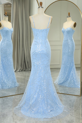 Light Blue Mermaid Spaghetti Straps Corset Long Prom Dress with Sequins