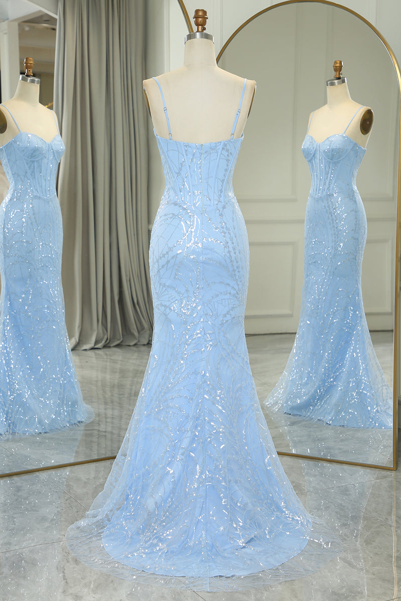 Load image into Gallery viewer, Light Blue Mermaid Spaghetti Straps Corset Long Prom Dress with Sequins