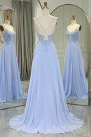 Load image into Gallery viewer, Lavender A-line Spaghetti Strap Corset Prom Dress with Appliques