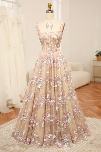 Champagne Spaghetti Straps A-Line Beaded Corset Prom Dress