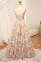 Load image into Gallery viewer, Champagne Spaghetti Straps A-Line Beaded Corset Prom Dress