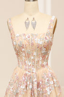 Load image into Gallery viewer, Champagne Spaghetti Straps A-Line Beaded Corset Prom Dress