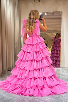 A Line V Neck Hot Pink Long Tiered Prom Dress with Slit