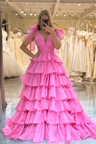 A Line V Neck Hot Pink Long Tiered Prom Dress with Slit