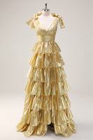 Load image into Gallery viewer, A Line Hot Pink V Neck Long Tiered Prom Dress with Slit