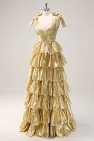 Load image into Gallery viewer, A Line Hot Pink V Neck Long Tiered Prom Dress with Slit