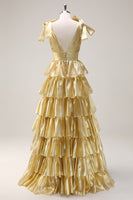 Load image into Gallery viewer, A Line Hot Pink V Neck Long Tiered Prom Dress with Slit