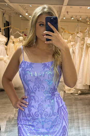 Lilac Spaghetti Straps Mermaid Backless Long Prom Dress With Sequin