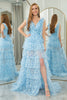 Load image into Gallery viewer, Blue Printed A-line V-neck Long Tiered Prom Dress with Slit