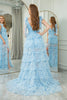 Load image into Gallery viewer, Blue Printed A-line V-neck Long Tiered Prom Dress with Slit