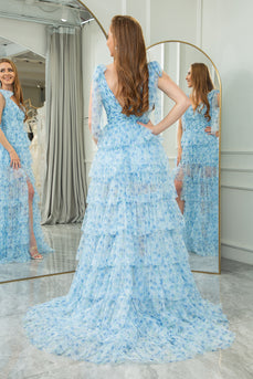 Blue Printed A-line V-neck Long Tiered Prom Dress with Slit