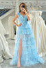 Load image into Gallery viewer, Blue Printed A-line V-neck Long Tiered Prom Dress with Slit